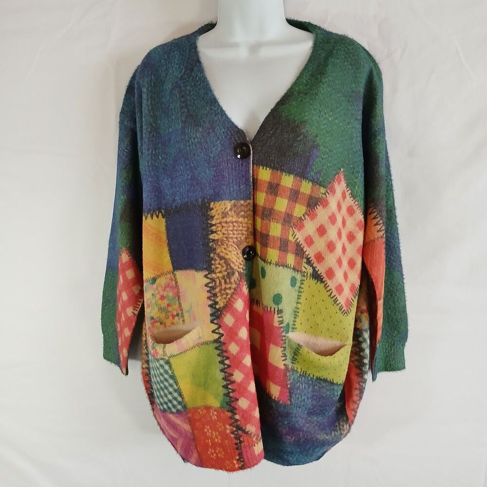 YESNO Patchwork Quilt  Oversized Wool Blend‎ Cardigan Women’s Size M boho casual